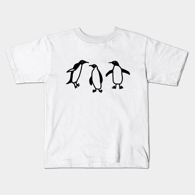 Cute Animals Black Line Doodle of Dancing Penguins Kids T-Shirt by ellenhenryart